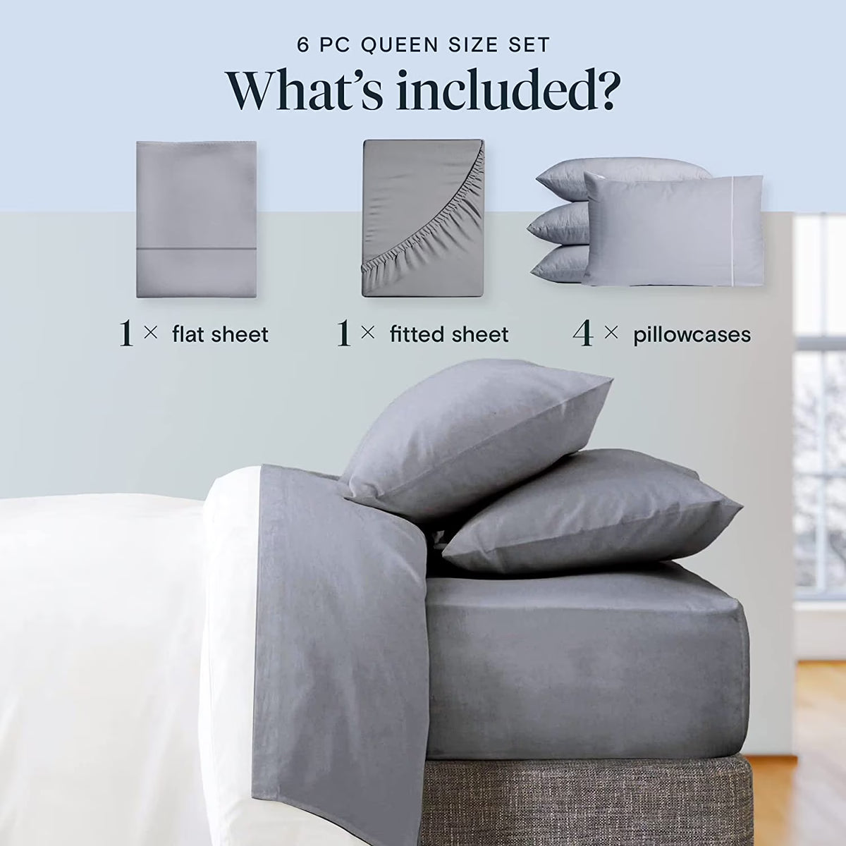 Full Cooling Sheets Microfiber Bed Sheet Set, Comfortable Soft, Wrinkle Free Breathable, Deep Pocket 18", Silver, 6 Piece