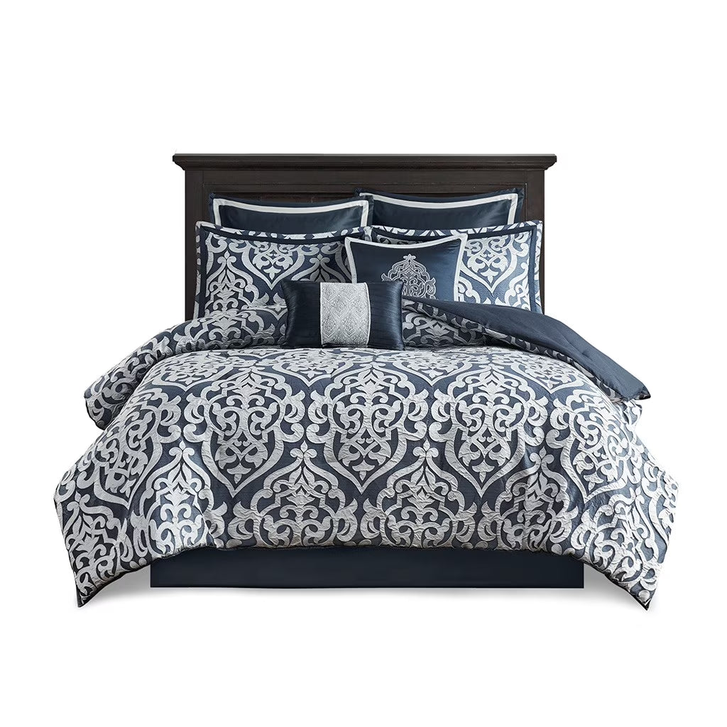 Bedding Sets 8 Piece Jacquard Comforter Set Navy/Silver Cal King,Bed Sets