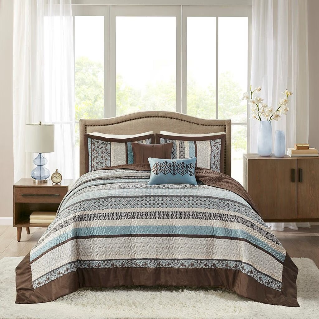 Bedding Sets 5 Piece Reversible Jacquard Bedspread Set Blue King,Bed Sets