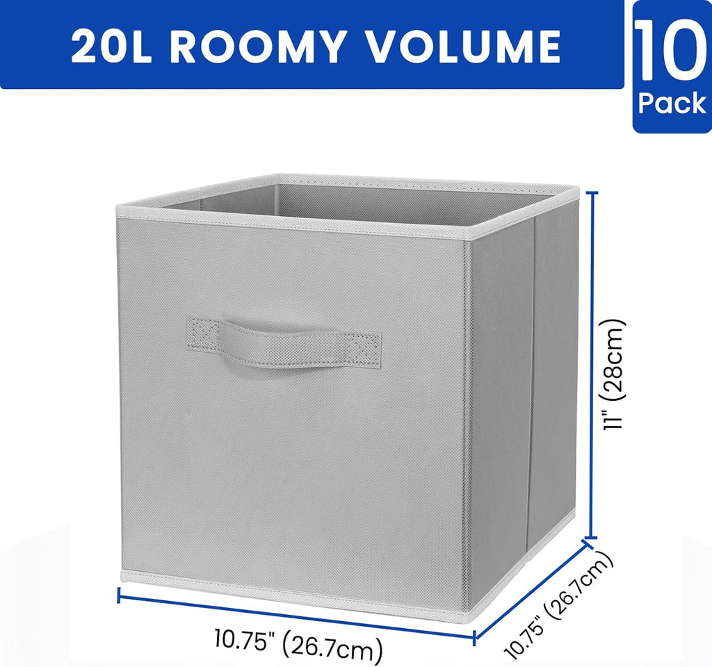 Storage Cubes, 11 Inch Cube Storage Bins for Shelves (10 Pack), Fabric Collapsible Storage Bins with Dual Handles, Foldable Cube Baskets for Magazines, Closet Organizers and Storage Box (Grey)