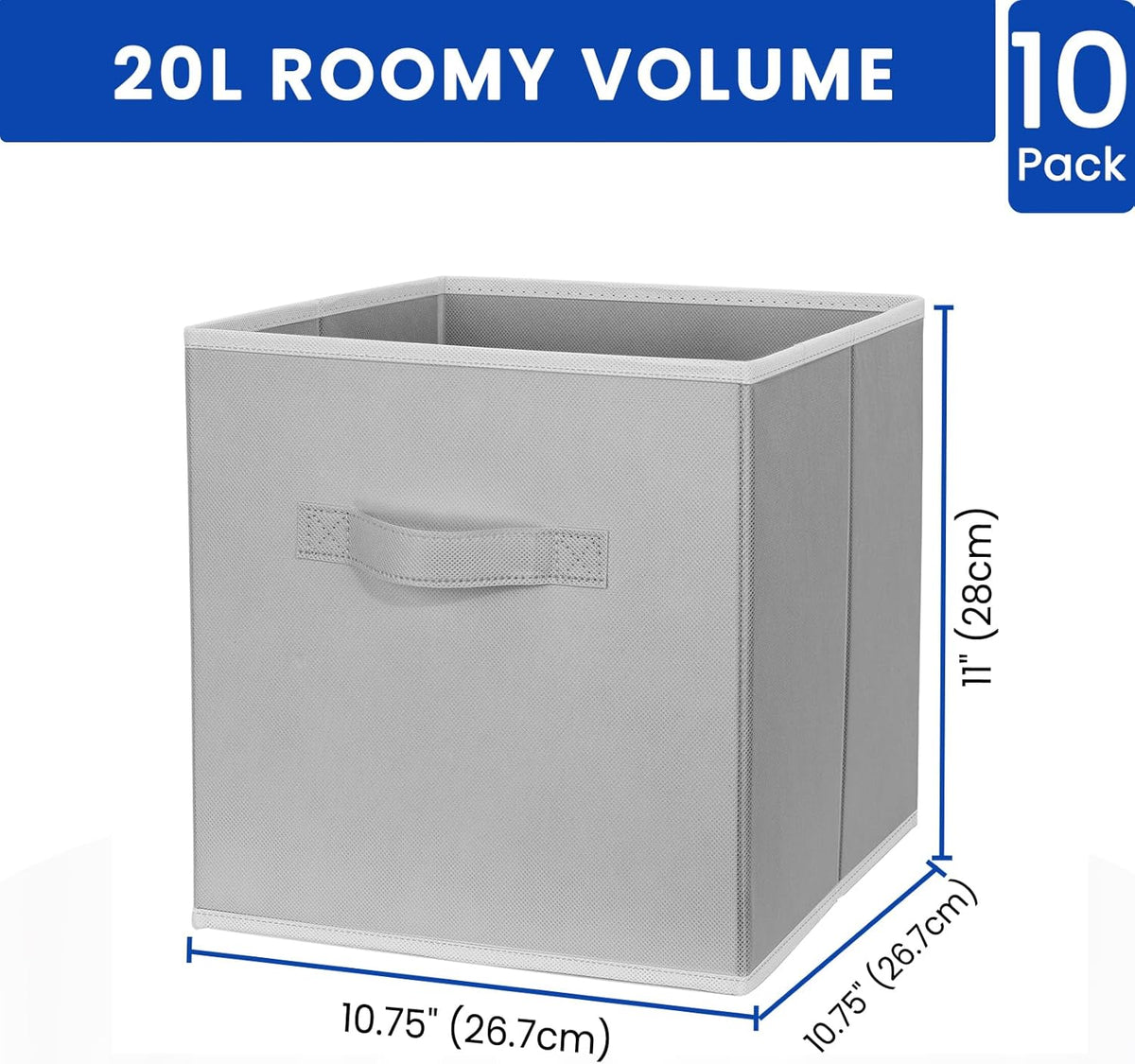 Storage Cubes, 11 Inch Cube Storage Bins for Shelves (10 Pack), Fabric Collapsible Storage Bins with Dual Handles, Foldable Cube Baskets for Magazines, Closet Organizers and Storage Box (Grey)