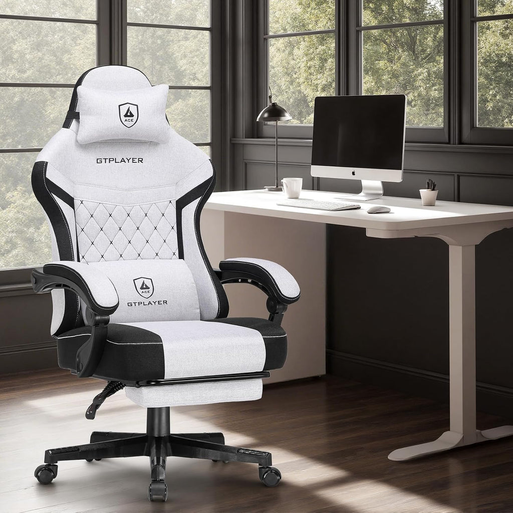 Gaming Chair, Fabric Computer Office Chair with Pocket Spring Cushion, Ergonomic Office and Gaming, Video Gaming Chair with Linkage Armrests, High Back Desk Chair with Adjustable Recliner