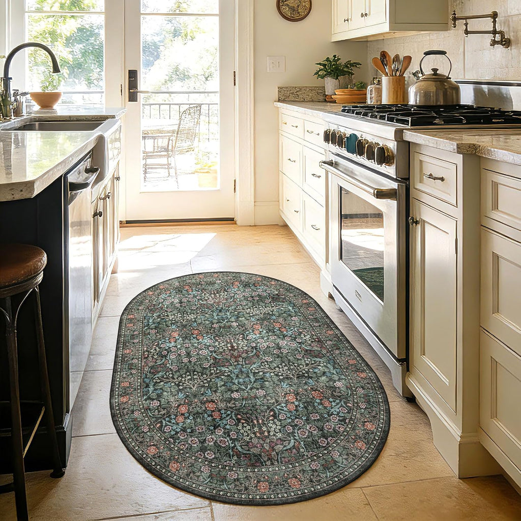 Floral 3X5 Entryway Oval Rug - Black Green Washable Bedroom Rug