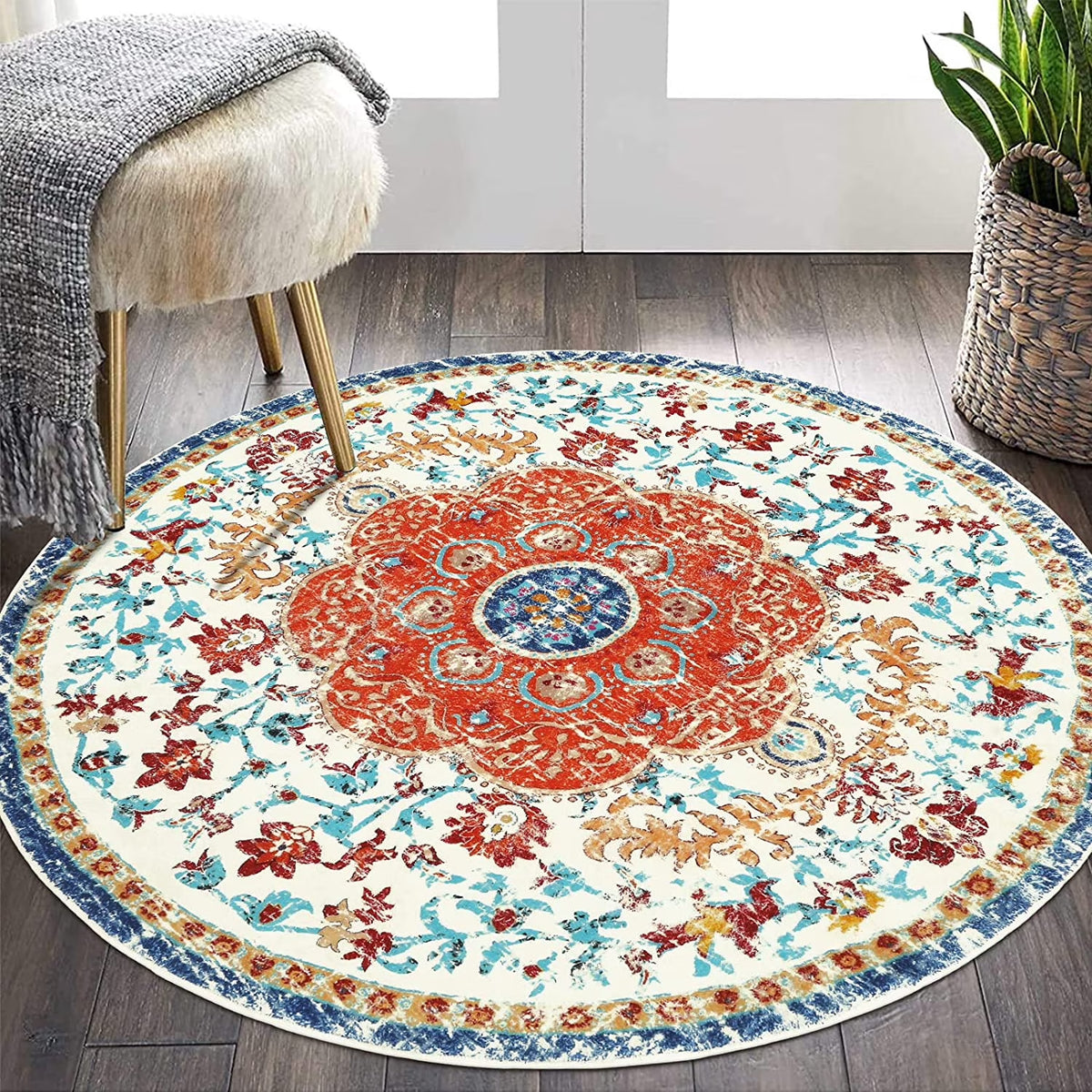 5.25'Round Area Rug,Non Slip Washable round Rug Boho Area Rug for Living Room,Bedroom,Home Decor,Office,Dining Room,Gray