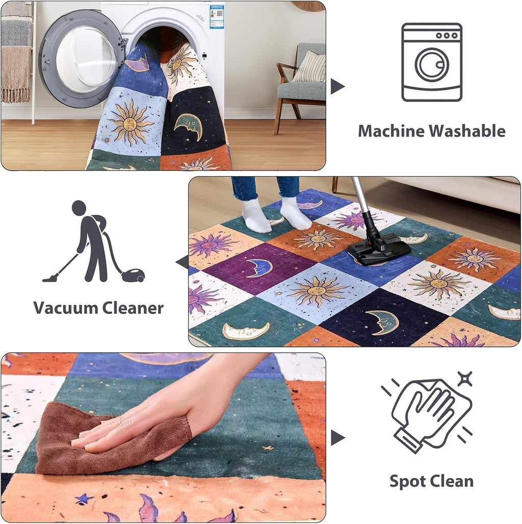 Boho Sun and Moon Washable Rug Ultra Thin, Vintage Mystical Celestial Checkerboard 5X7 Area Rug for Living Room Entryway Kitchen Dorm, Hippie Retro Aesthetic Cute Trendy Indie Bedroom Accent Carpet