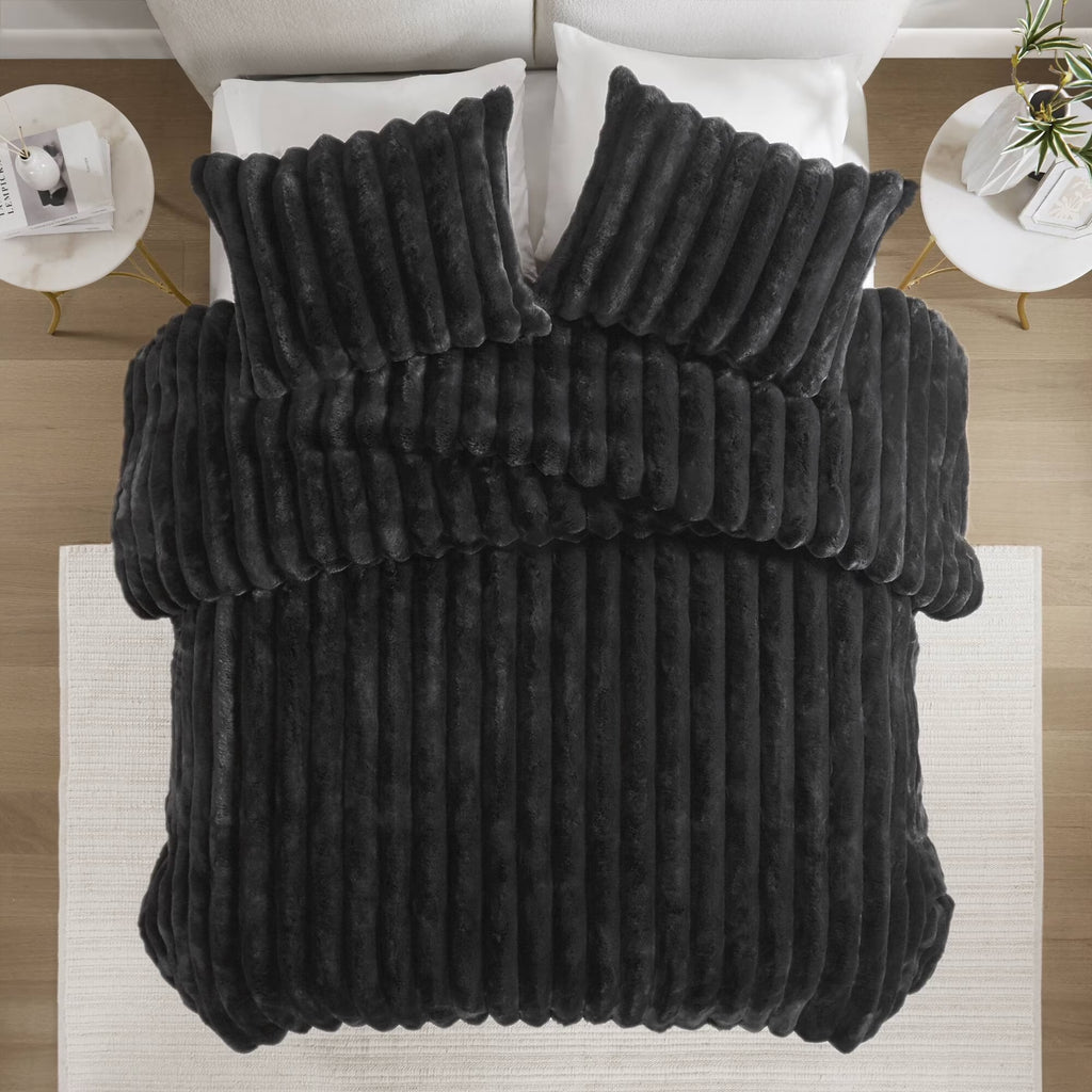 Bedding Sets 3 PCS King Ultrasoft Faux Fur Ribbed Comforter Set Black,Bed Sets