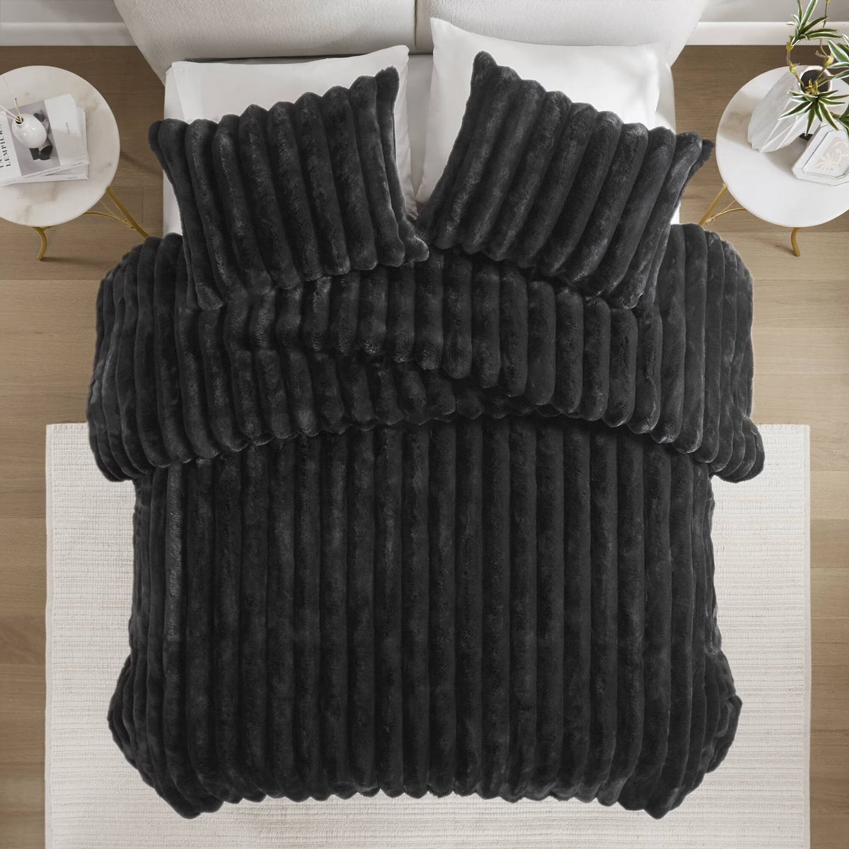 Bedding Sets 3 PCS King Ultrasoft Faux Fur Ribbed Comforter Set Black,Bed Sets