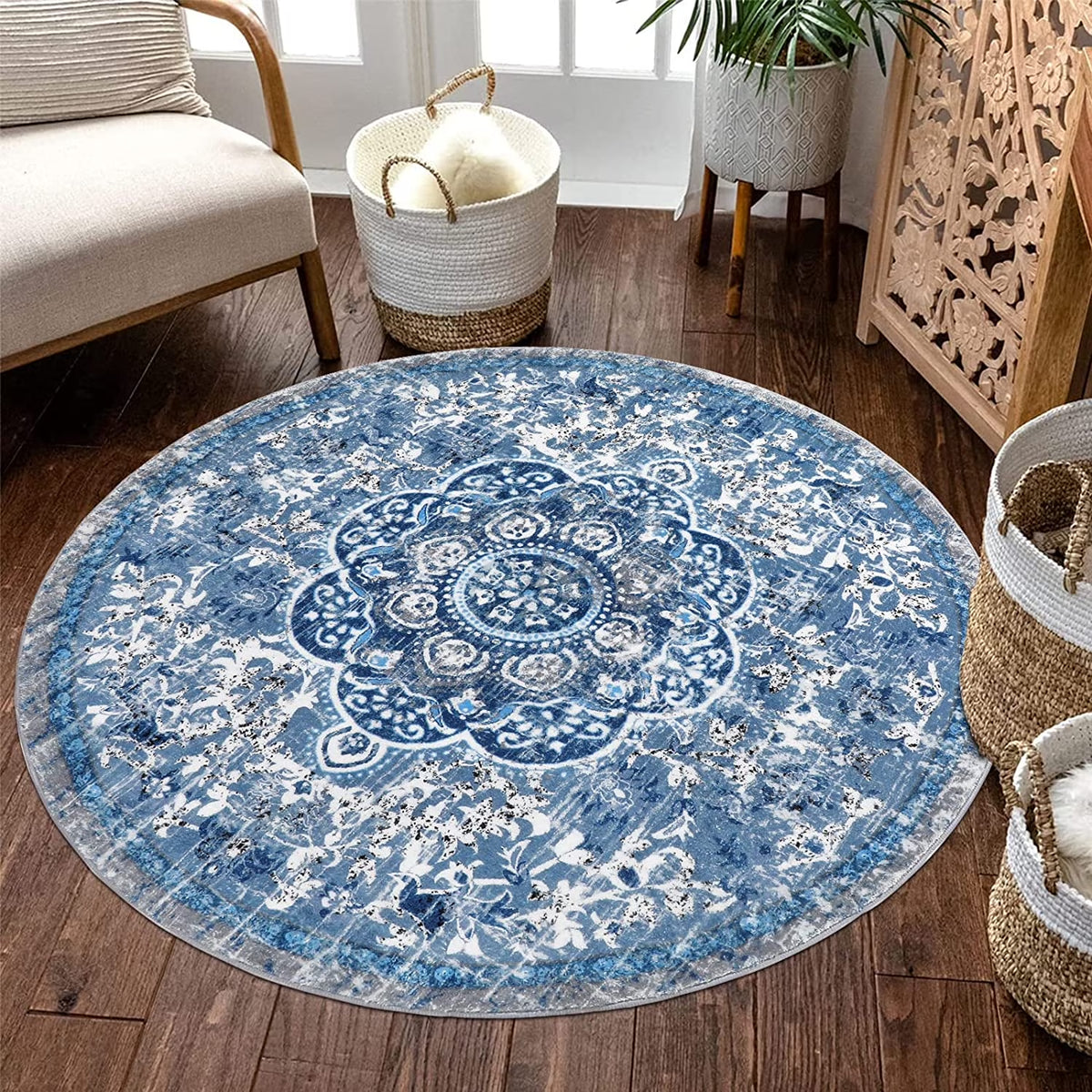 5.25'Round Area Rug,Non Slip Washable round Rug Boho Area Rug for Living Room,Bedroom,Home Decor,Office,Dining Room,Gray