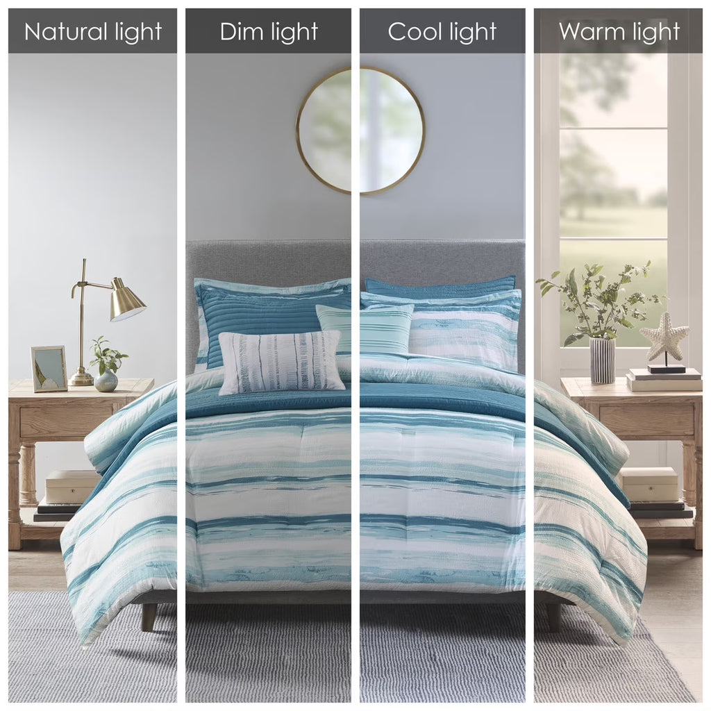 Bedding Sets 8 Piece Printed Seersucker Comforter and Quilt Set Collection Aqua Full/Queen,Bed Sets