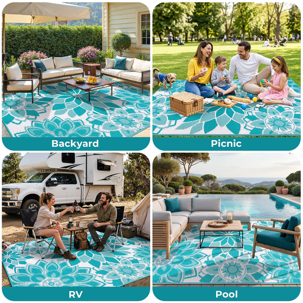5'X8' Outdoor Rug Patios Rug Waterproof RV Outdoor Rug Camping Rugs Reversible Plastic Straw Rug Large Outdoor Mat Outdoor Area Rug for Camping,Balcony Apartment,Patio,Picnic,Beach Teal