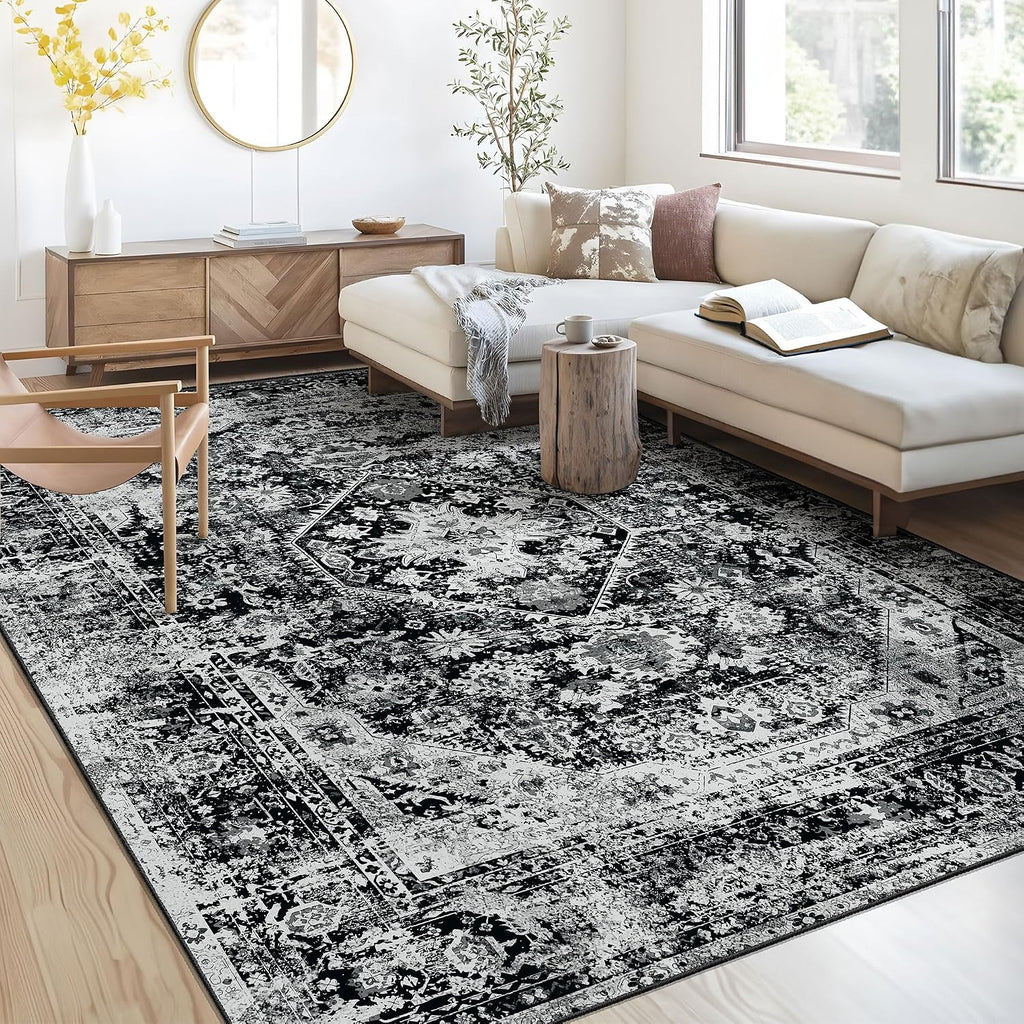 8X10 Area Rug Washable Black Rugs Low Pile Non Slip Floral Large