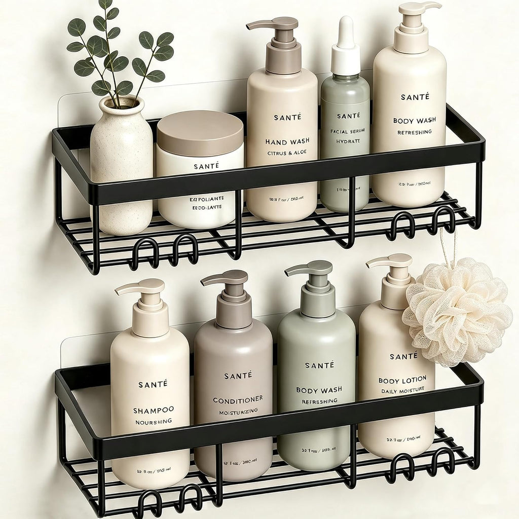 Shower Caddy Shelf Organizer Rack, Self Adhesive Black Bathroom Shelves Basket, Home Farmhouse Wall inside Organization and Storage Decor Rv Accessories, First Camper Apartment Essentials