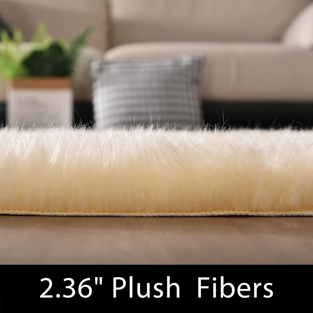 Fur Rug 5X6.7, Faux Sheepskin Rug for Living Room, Nursery Room, Teen Room Decor, Furry Rug, Light Yellow, Rectangle