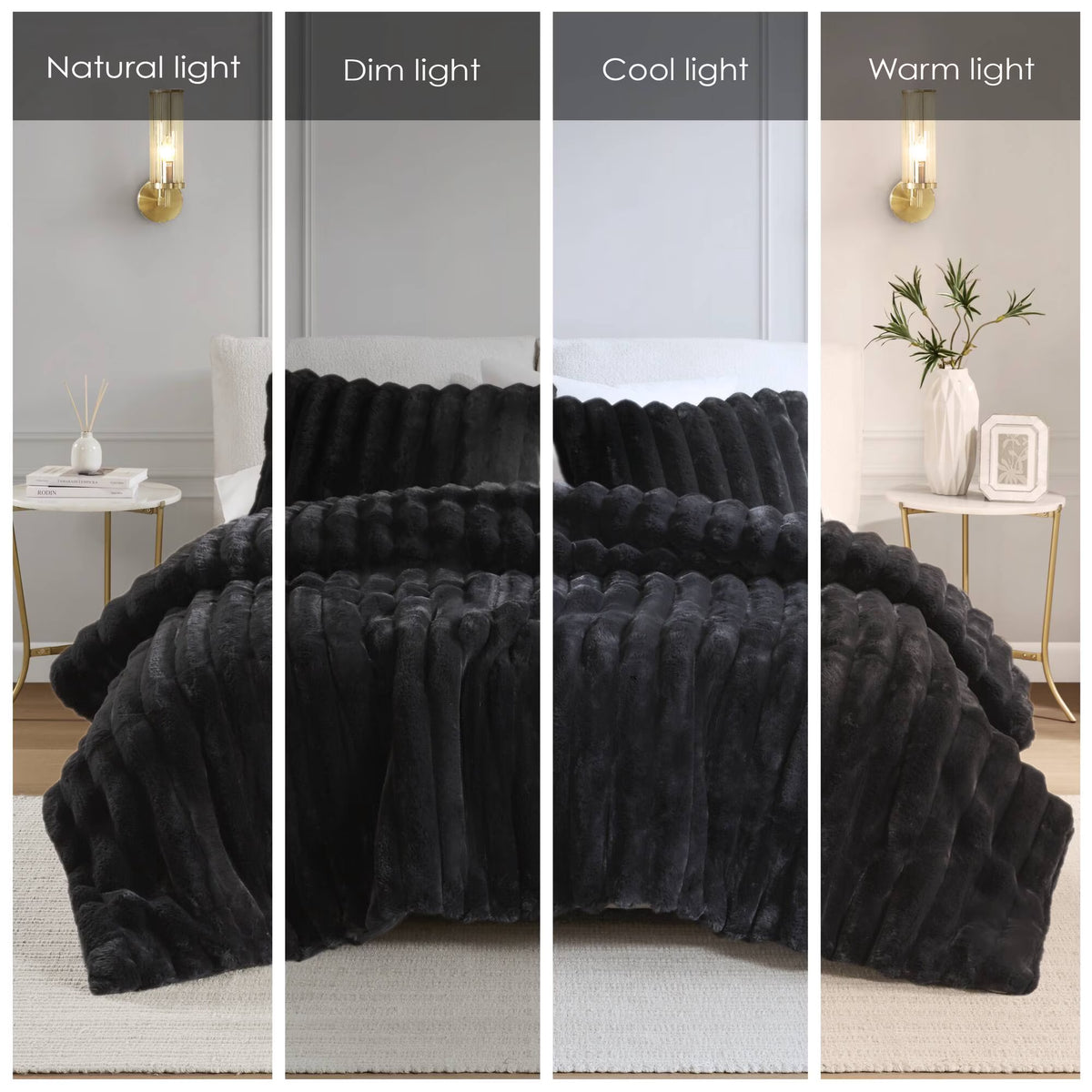 Bedding Sets 3 PCS King Ultrasoft Faux Fur Ribbed Comforter Set Black,Bed Sets