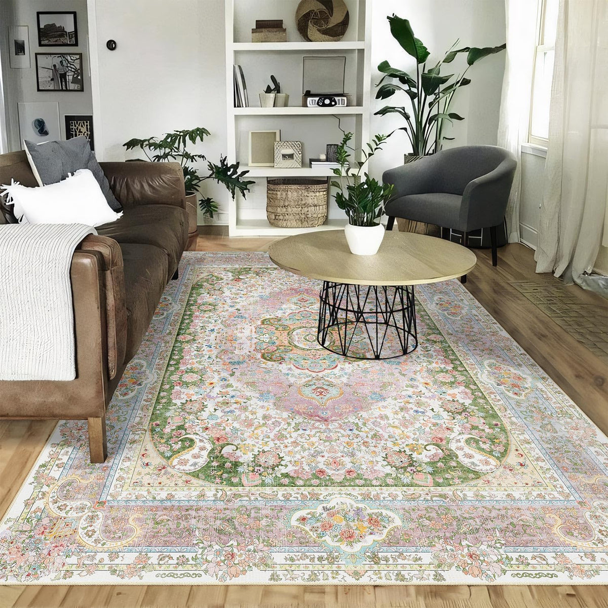 5X7 Area Rugs Washable,Pink Rug for Living Room Bedroom Boho