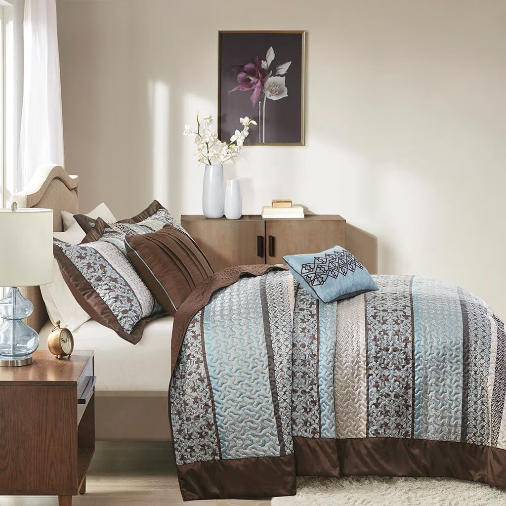 Bedding Sets 5 Piece Reversible Jacquard Bedspread Set Blue King,Bed Sets