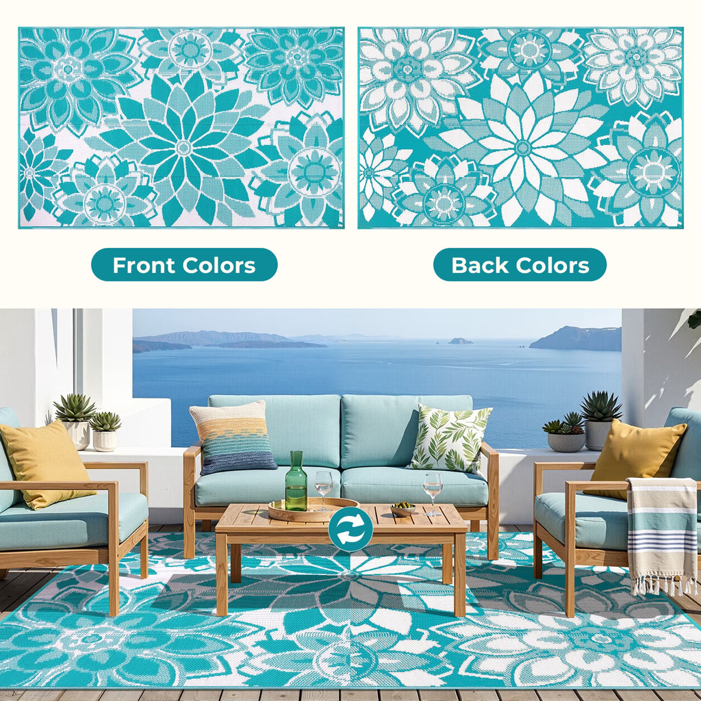 5'X8' Outdoor Rug Patios Rug Waterproof RV Outdoor Rug Camping Rugs Reversible Plastic Straw Rug Large Outdoor Mat Outdoor Area Rug for Camping,Balcony Apartment,Patio,Picnic,Beach Teal