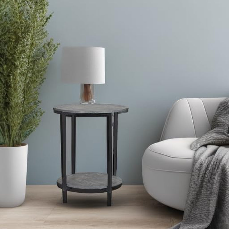 Jamestown round Side End Table with Storage Shelf Rustic Slate Concrete and Black Metal