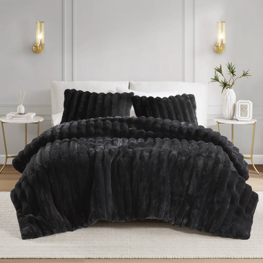 Bedding Sets 3 PCS King Ultrasoft Faux Fur Ribbed Comforter Set Black,Bed Sets