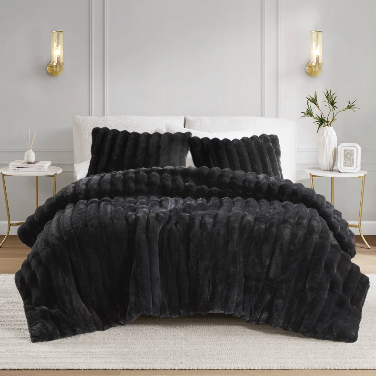 Bedding Sets 3 PCS King Ultrasoft Faux Fur Ribbed Comforter Set Black,Bed Sets