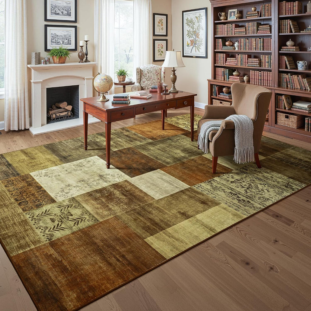 6X9 Area Rugs for Living Room, Washable Geometric Brown Bedroom Rug