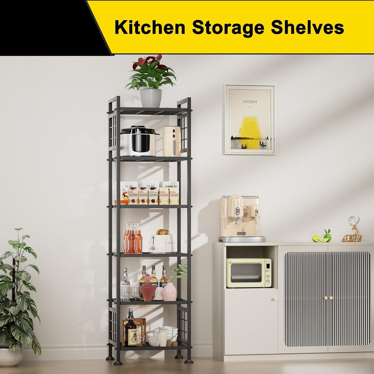 6-Wire Standing Storage Shelf for Bathroom Organizers and Storage & Laundry Room Organization, Metal Shelving Unit Pantry Rack for Kitchen & Bathroom, Black
