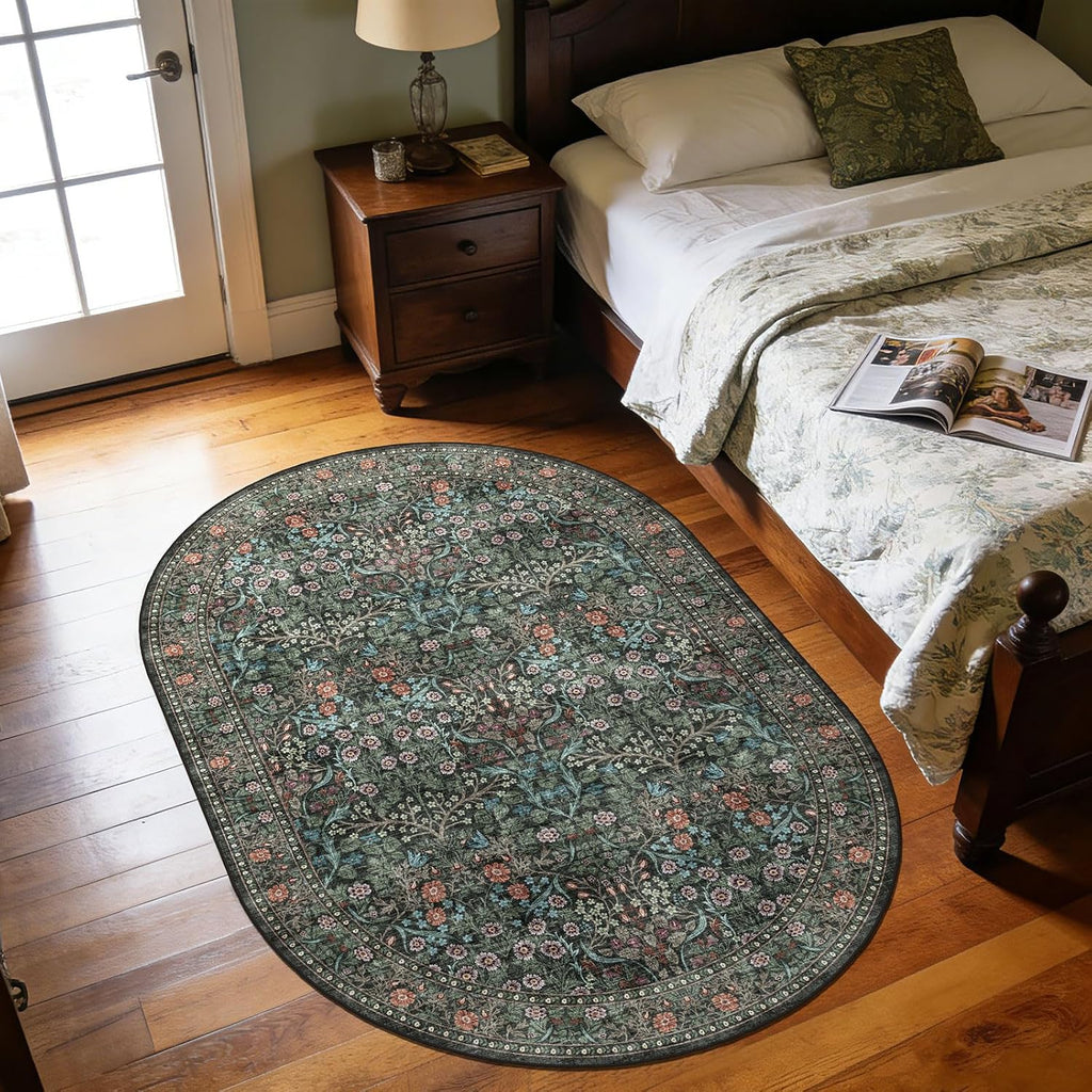 Floral 3X5 Entryway Oval Rug - Black Green Washable Bedroom Rug