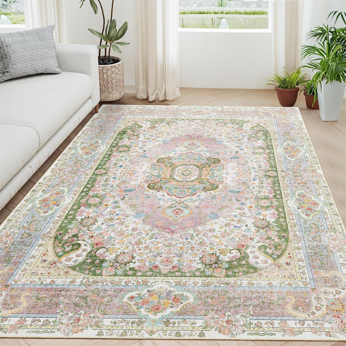 5X7 Area Rugs Washable,Pink Rug for Living Room Bedroom Boho