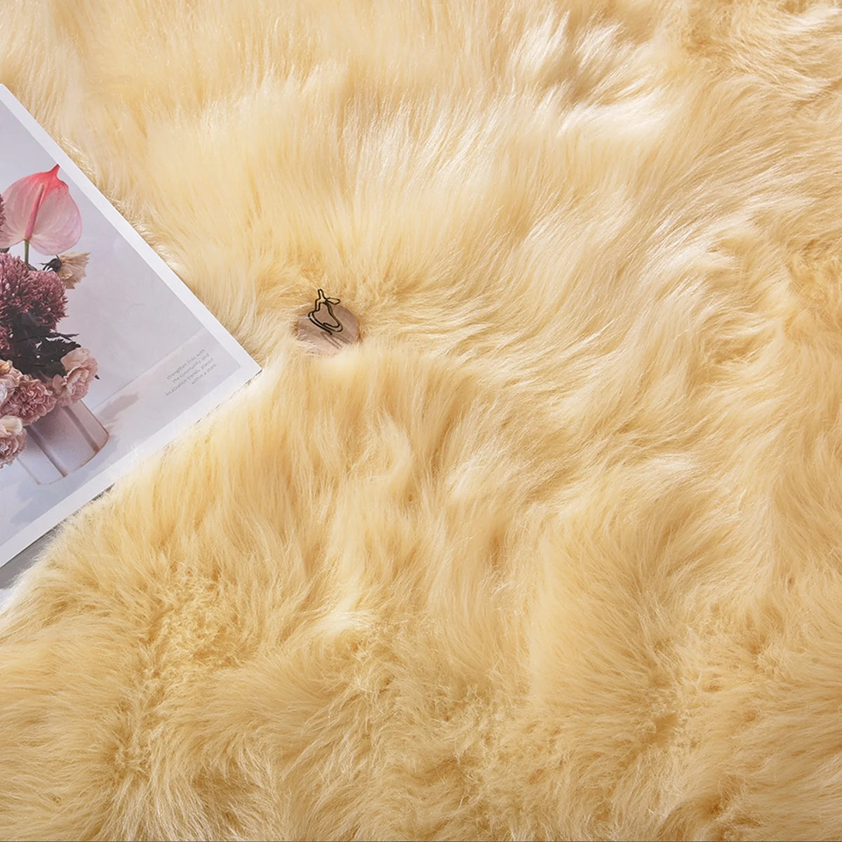 Fur Rug 5X6.7, Faux Sheepskin Rug for Living Room, Nursery Room, Teen Room Decor, Furry Rug, Light Yellow, Rectangle