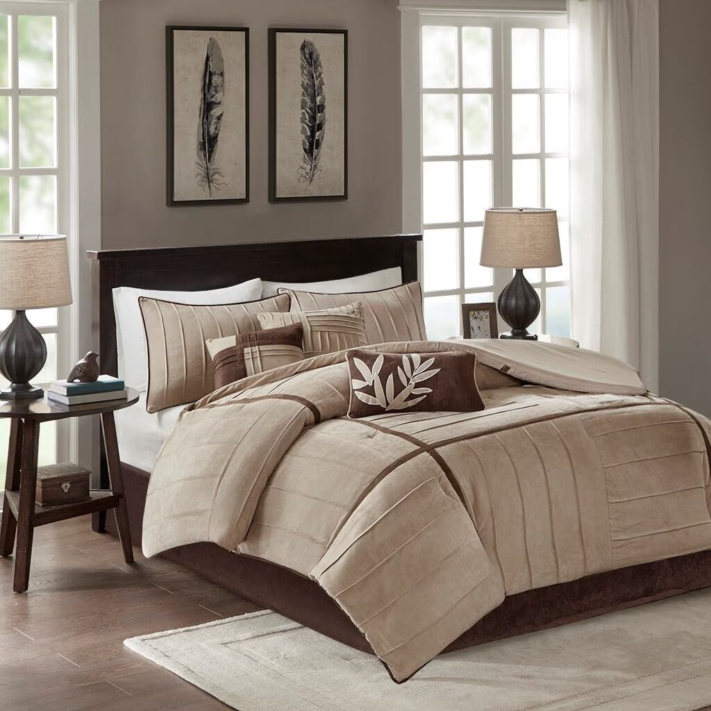 Bedding Sets, 7 Piece Faux Suede Comforter Set Beige Full, Bed Sets, Comforter Sets,