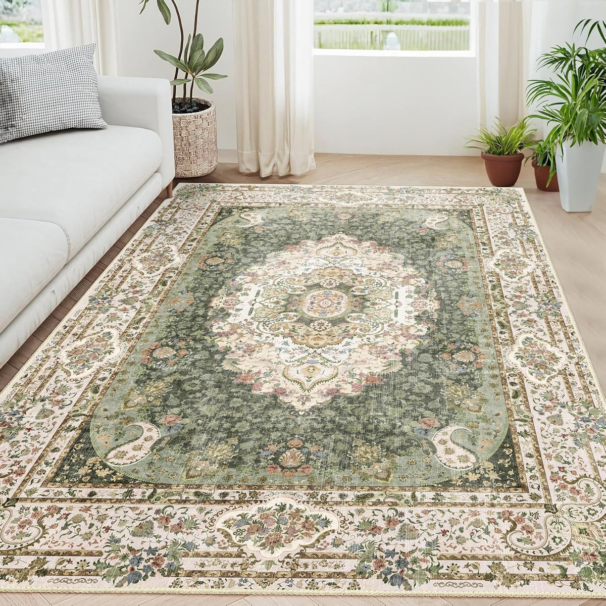 5X7 Area Rugs Washable,Green Rug for Living Room Bedroom Boho