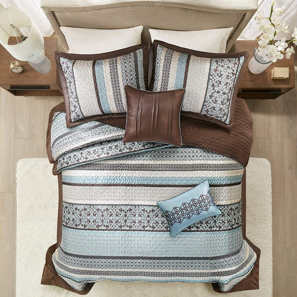 Bedding Sets 5 Piece Reversible Jacquard Bedspread Set Blue King,Bed Sets