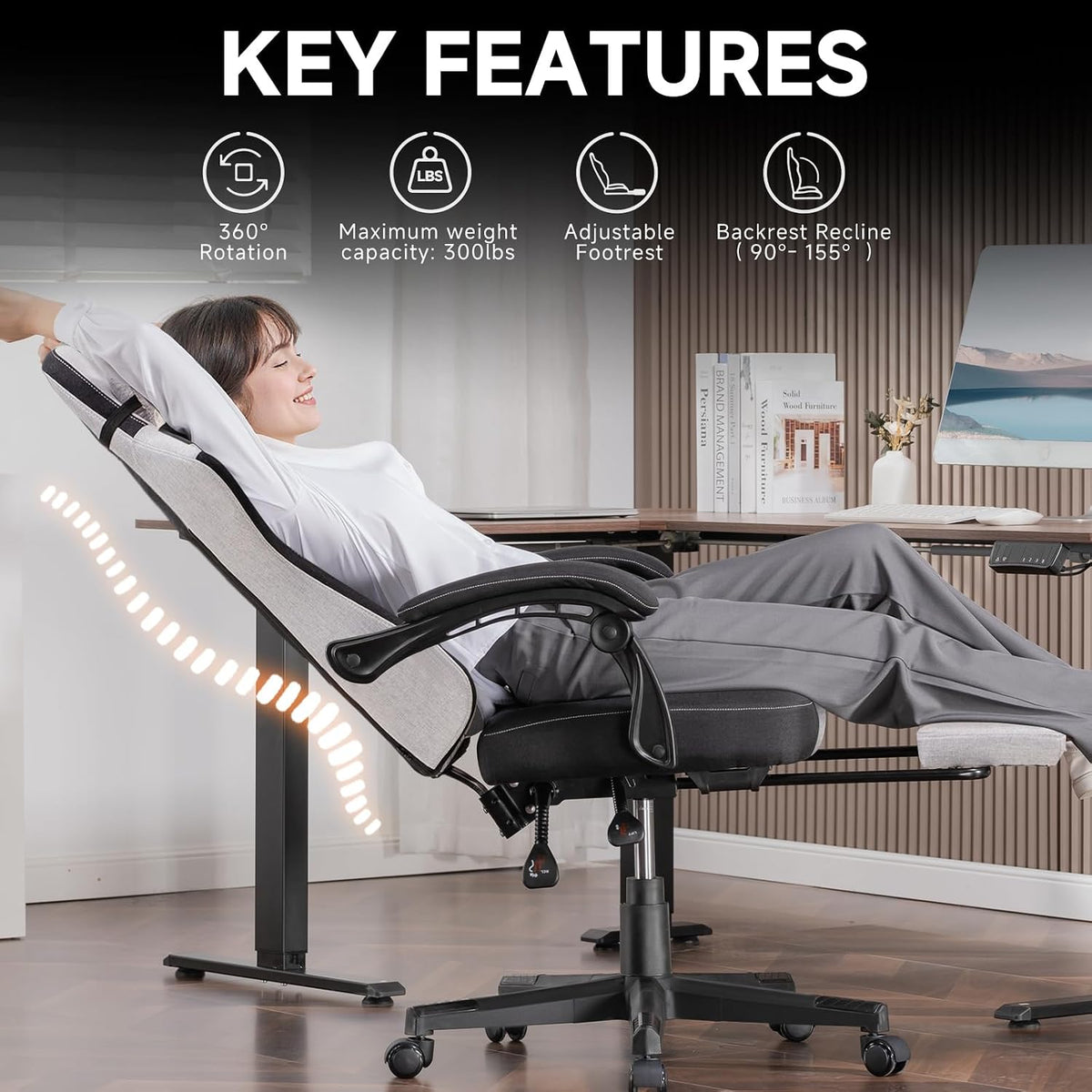Gaming Chair, Fabric Computer Office Chair with Pocket Spring Cushion, Ergonomic Office and Gaming, Video Gaming Chair with Linkage Armrests, High Back Desk Chair with Adjustable Recliner