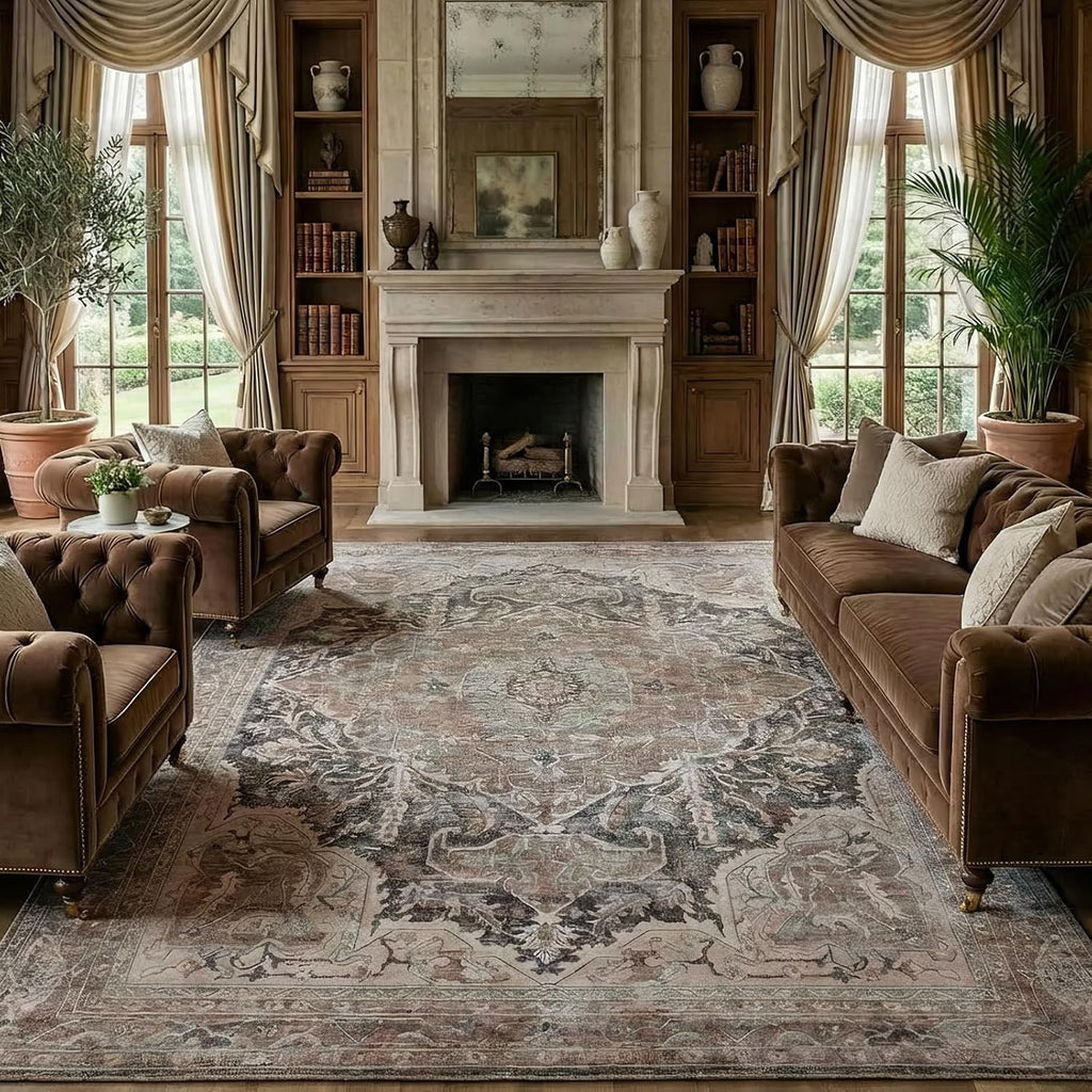 Area Rug 5X7 Washable Rug, Boho Vintage Non Slip Rug, Brown