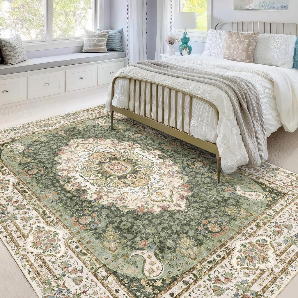 5X7 Area Rugs Washable,Green Rug for Living Room Bedroom Boho