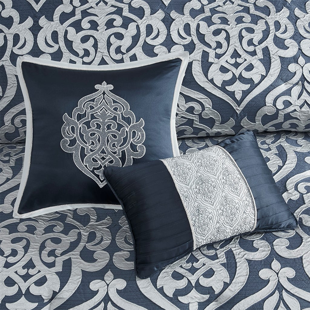 Bedding Sets 8 Piece Jacquard Comforter Set Navy/Silver Cal King,Bed Sets