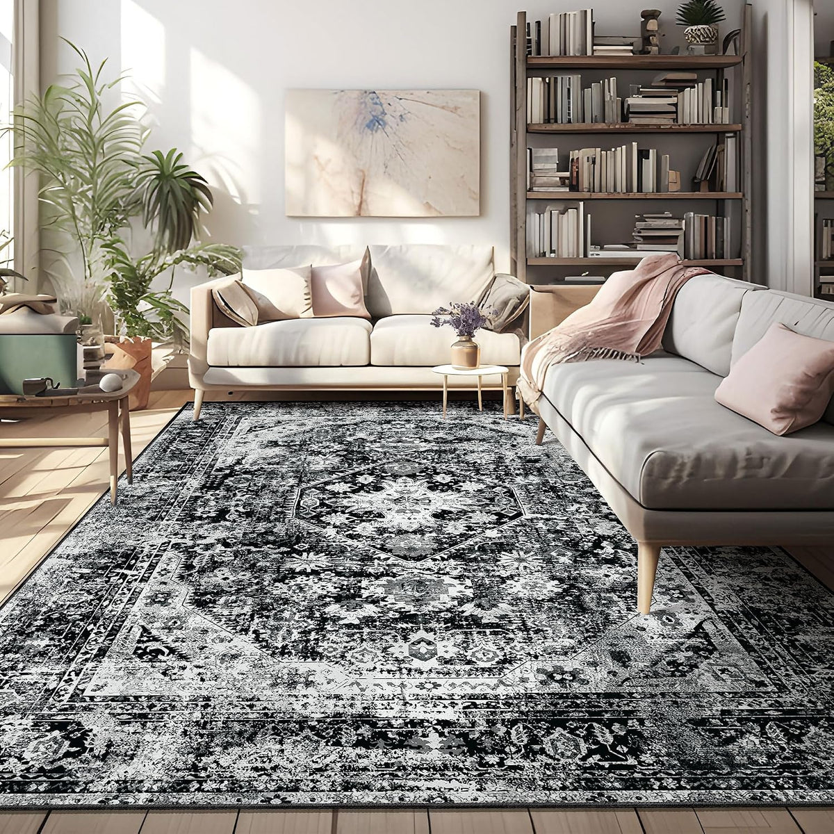 8X10 Area Rug Washable Black Rugs Low Pile Non Slip Floral Large