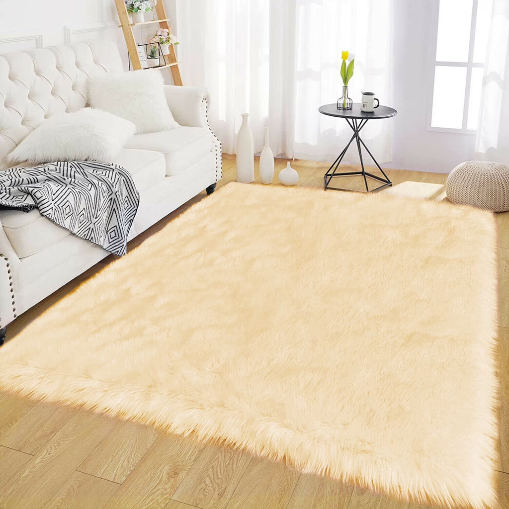 Fur Rug 5X6.7, Faux Sheepskin Rug for Living Room, Nursery Room, Teen Room Decor, Furry Rug, Light Yellow, Rectangle
