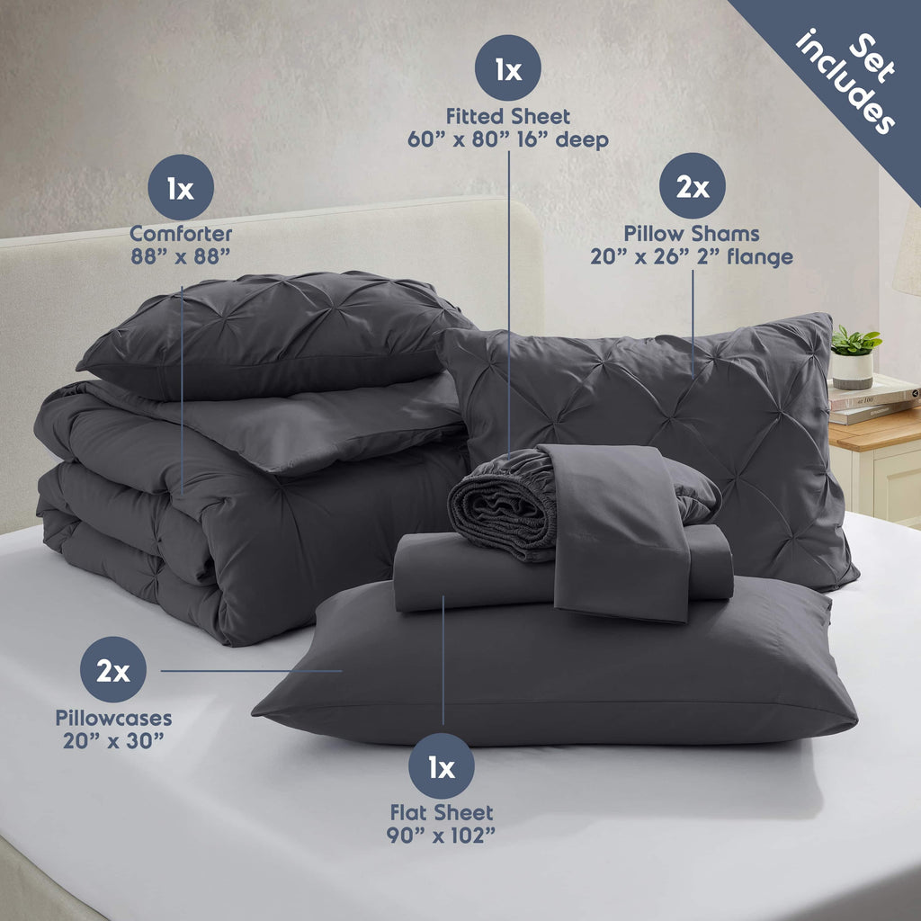 Queen Comforter Set, 7Pc Bed in a Bag, Pleated Bedding Comforter Sets Queen, Dark Grey