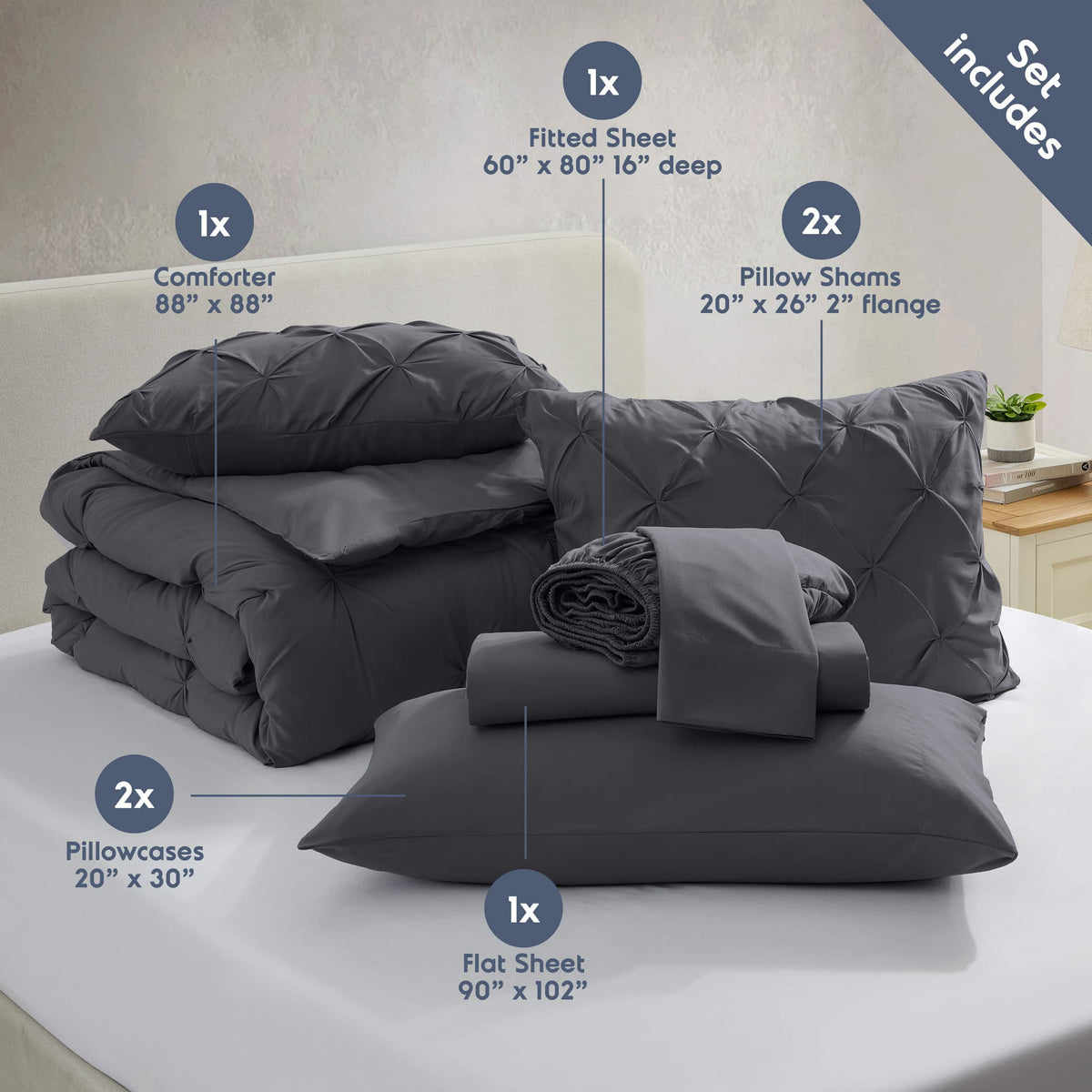 Queen Comforter Set, 7Pc Bed in a Bag, Pleated Bedding Comforter Sets Queen, Dark Grey