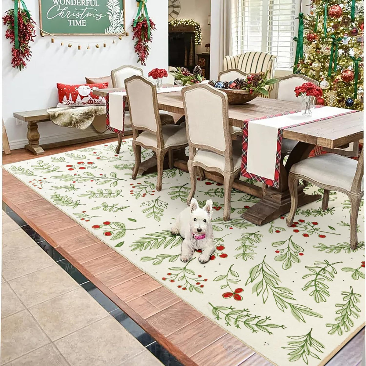 Cute Christmas Area Rugs 5X7 Washable - Ultra Thin Soft Xmas Tree Berries Holly Branches Festive Winter Rug, Modern Floral Woodland Christmas Carpet for Kitchen Bedroom Living Room Entryway Fire Place