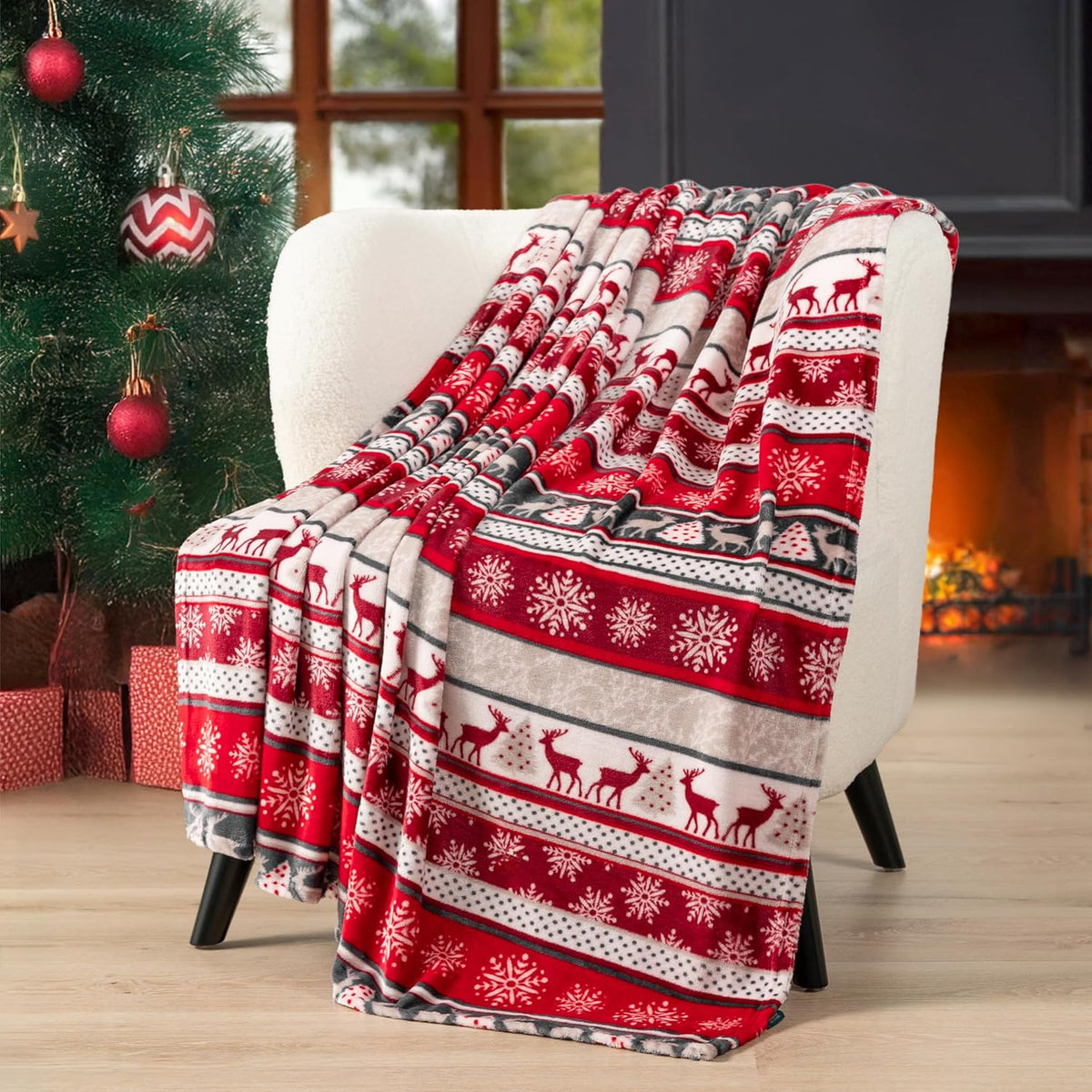 Christmas Reindeer Snowflake Throw Blanket, Red Winter Fleece 50X60