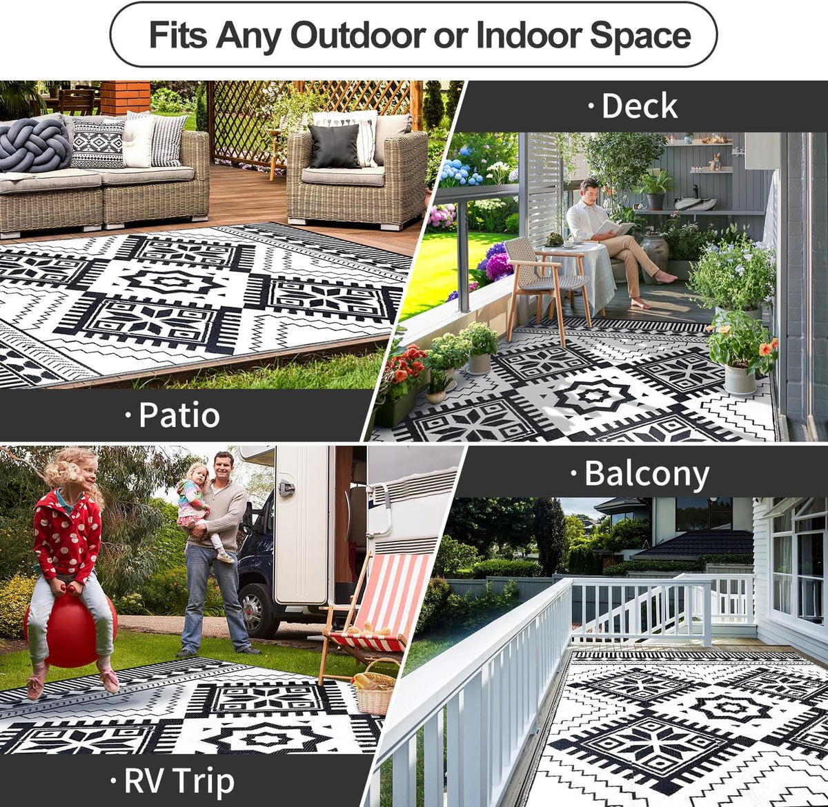 Waterproof Outdoor Rug 9X12Ft, Boho Reversible Plastic Straw Mat for Patio RV Deck Porch Backyard Balcony Camping Picnic Beach Indoor Outdoor Carpet, Black&White