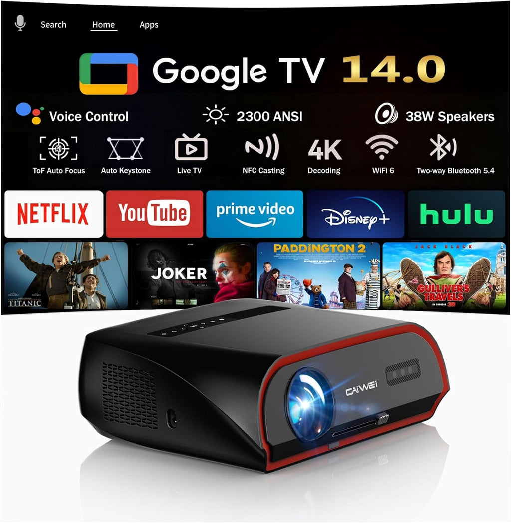 Daytime 4K Projector with Google TV, 2300 ANSI Lumens, HDR10, 38W Dolby Audio, Bright Picture for Home Theater & Outdoor Movie Night, Tof Autofocus, Nfc/Voice Control, HDMI ARC, Wifi 6 Bluetooth