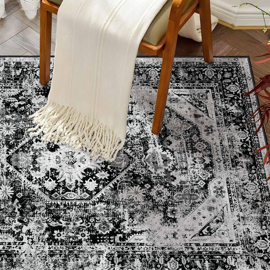 8X10 Area Rug Washable Black Rugs Low Pile Non Slip Floral Large