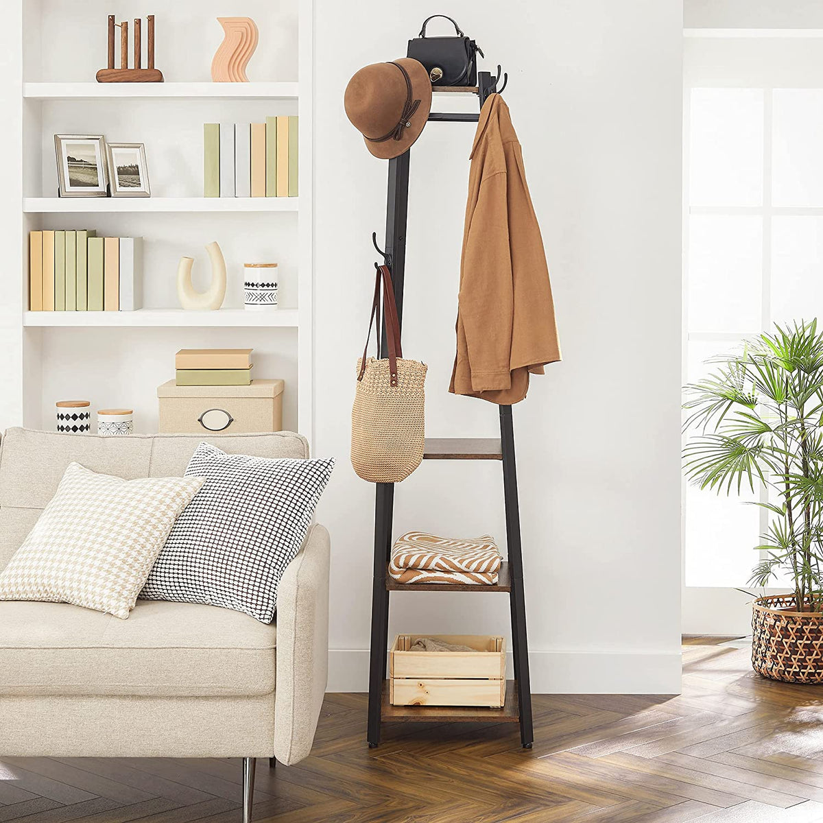 Coat Rack Freestanding, Hall Tree with 4 Shelves