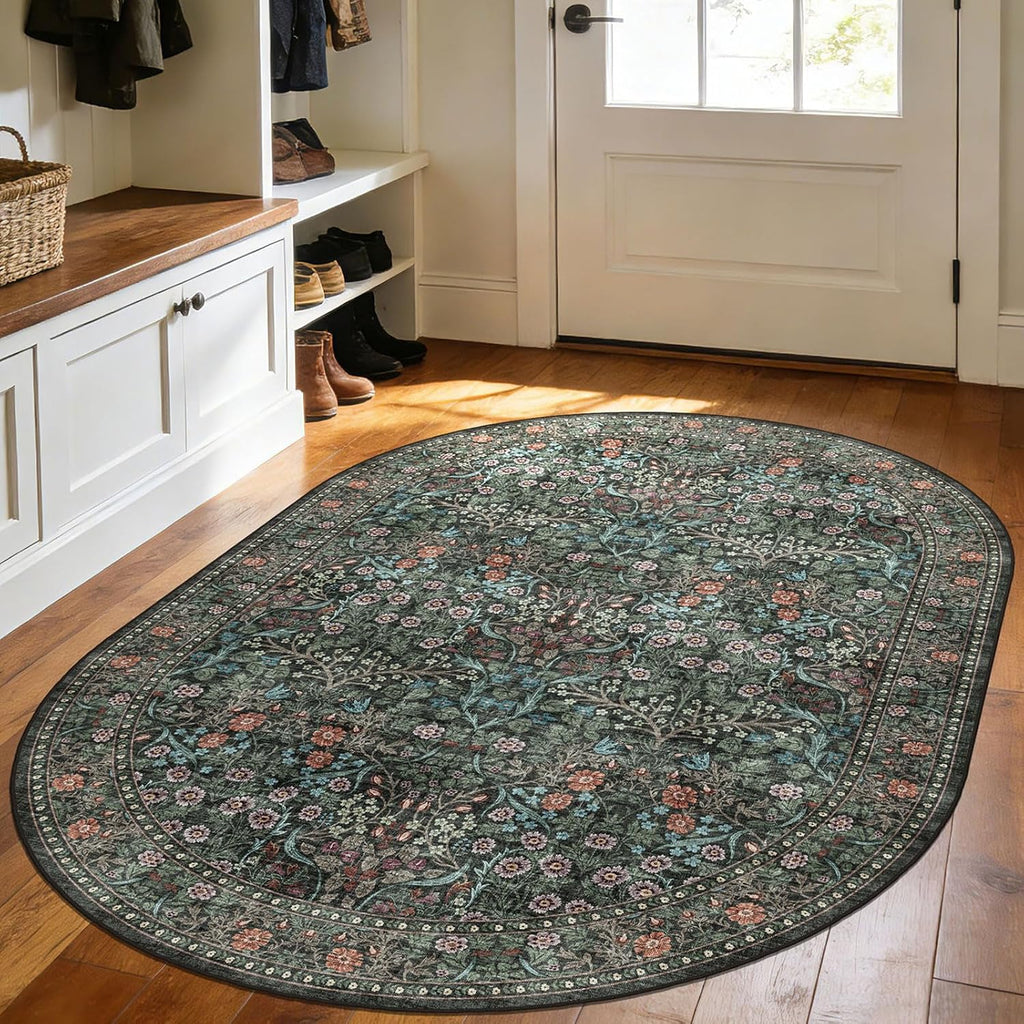Floral 3X5 Entryway Oval Rug - Black Green Washable Bedroom Rug