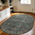 Floral 3X5 Entryway Oval Rug - Black Green Washable Bedroom Rug