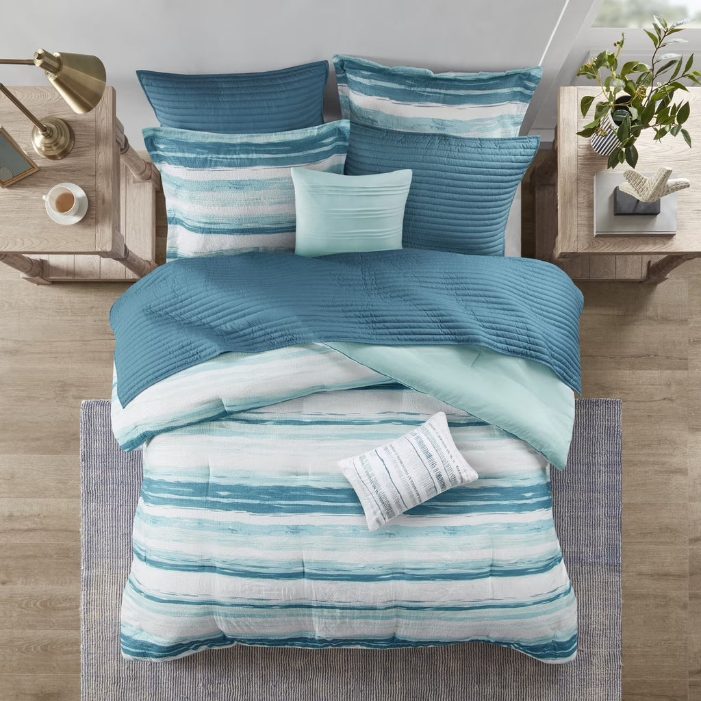 Bedding Sets 8 Piece Printed Seersucker Comforter and Quilt Set Collection Aqua Full/Queen,Bed Sets