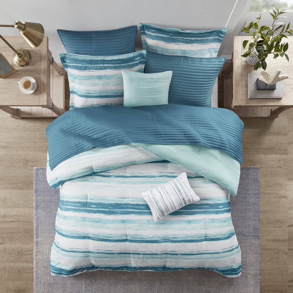 Bedding Sets 8 Piece Printed Seersucker Comforter and Quilt Set Collection Aqua Full/Queen,Bed Sets
